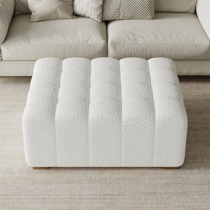 Hester White Bouclé Rectangular Ottoman – Plush Soft Polyester Upholstery with Natural Rubberwood Frame