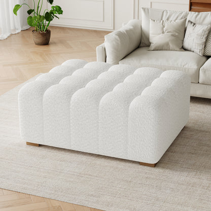 Hester White Bouclé Rectangular Ottoman – Plush Soft Polyester Upholstery with Natural Rubberwood Frame