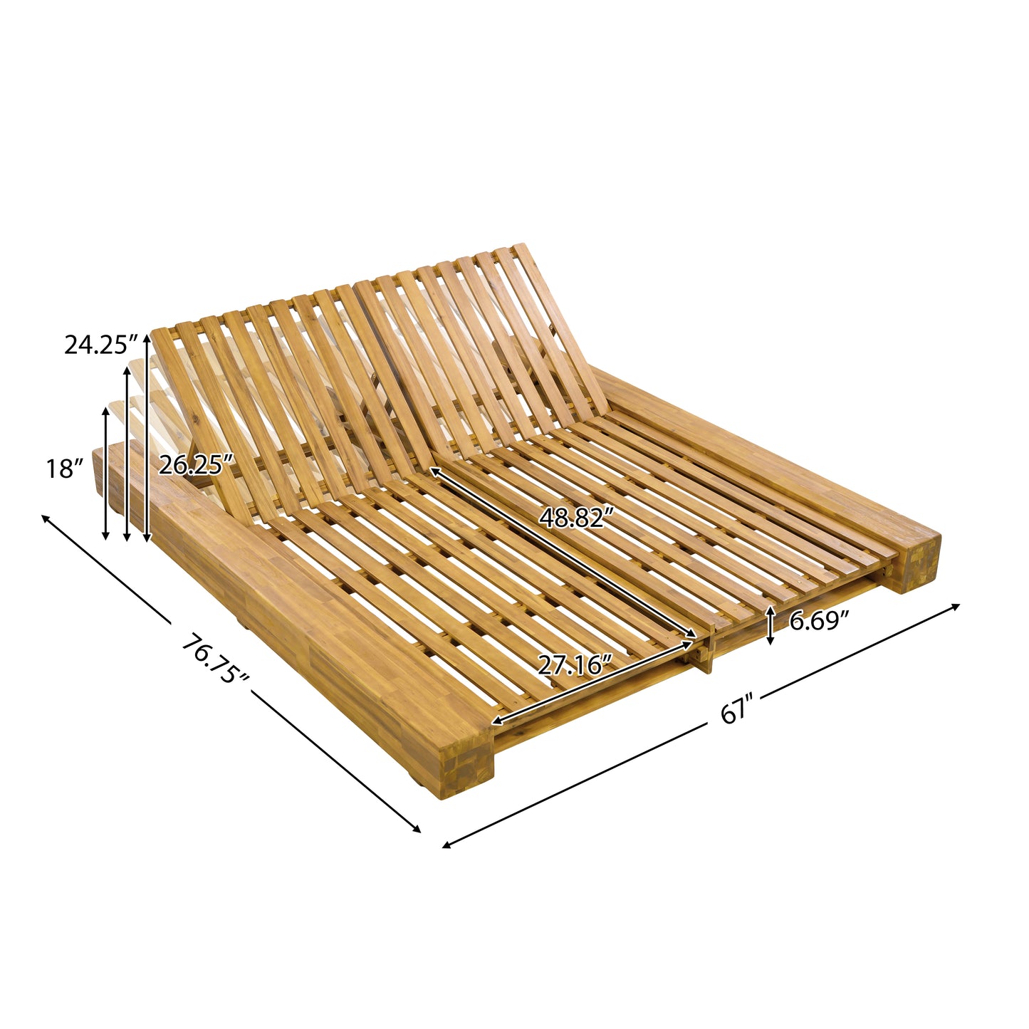 Junipar Outdoor Double Chaise Lounge, Acacia Wood, 4 Position Adjustable Back, 800lbs Capacity