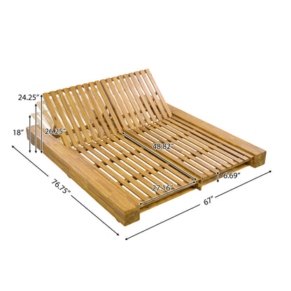 Junipar Outdoor Double Chaise Lounge, Acacia Wood, 4 Position Adjustable Back, 800lbs Capacity