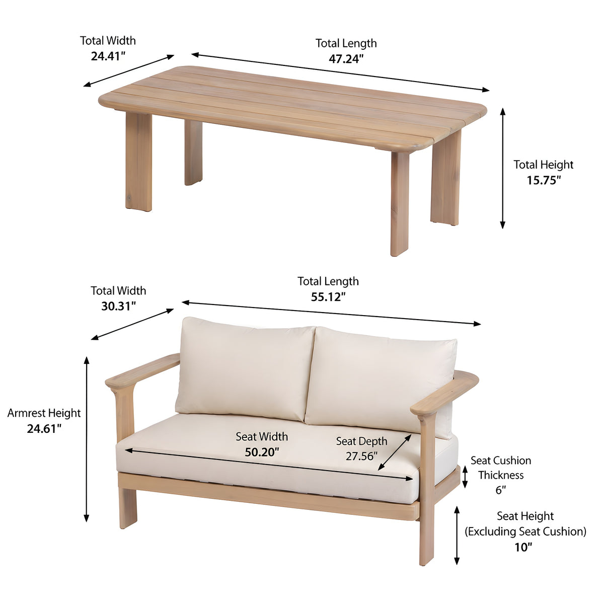 Scintilla Acacia Wood Outdoor Loveseat with Coffee Table, 2 Pcs Patio Furniture Set with Water Repellent Beige Cushions, Brown Frame, Ideal for Backyard Porch Balcony Deck
