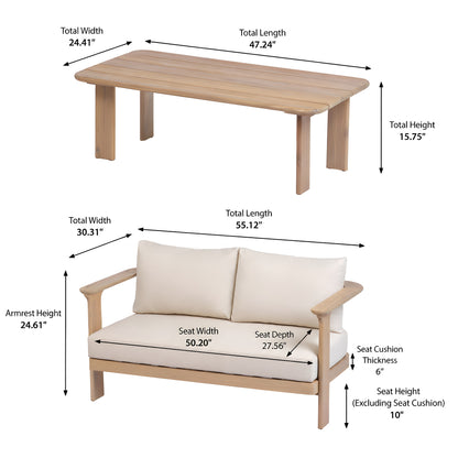Scintilla Acacia Wood Outdoor Loveseat with Coffee Table, 2 Pcs Patio Furniture Set with Water Repellent Beige Cushions, Brown Frame, Ideal for Backyard Porch Balcony Deck