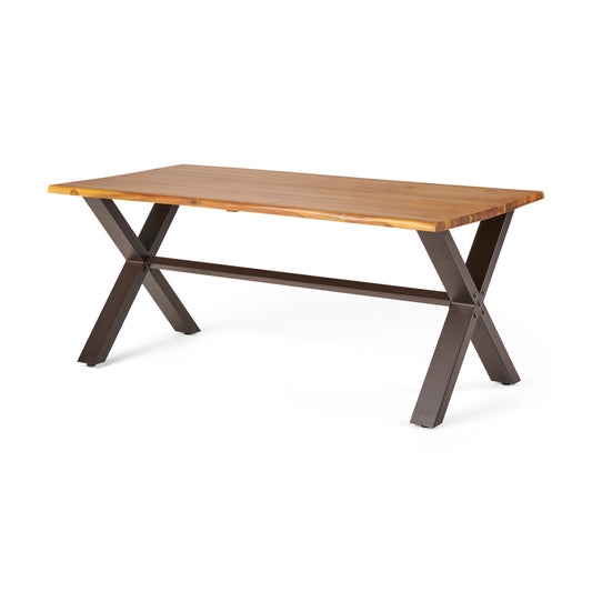 Sanil Outdoor Acacia Wood and Iron Dining Table, Teak, Rustic Metal