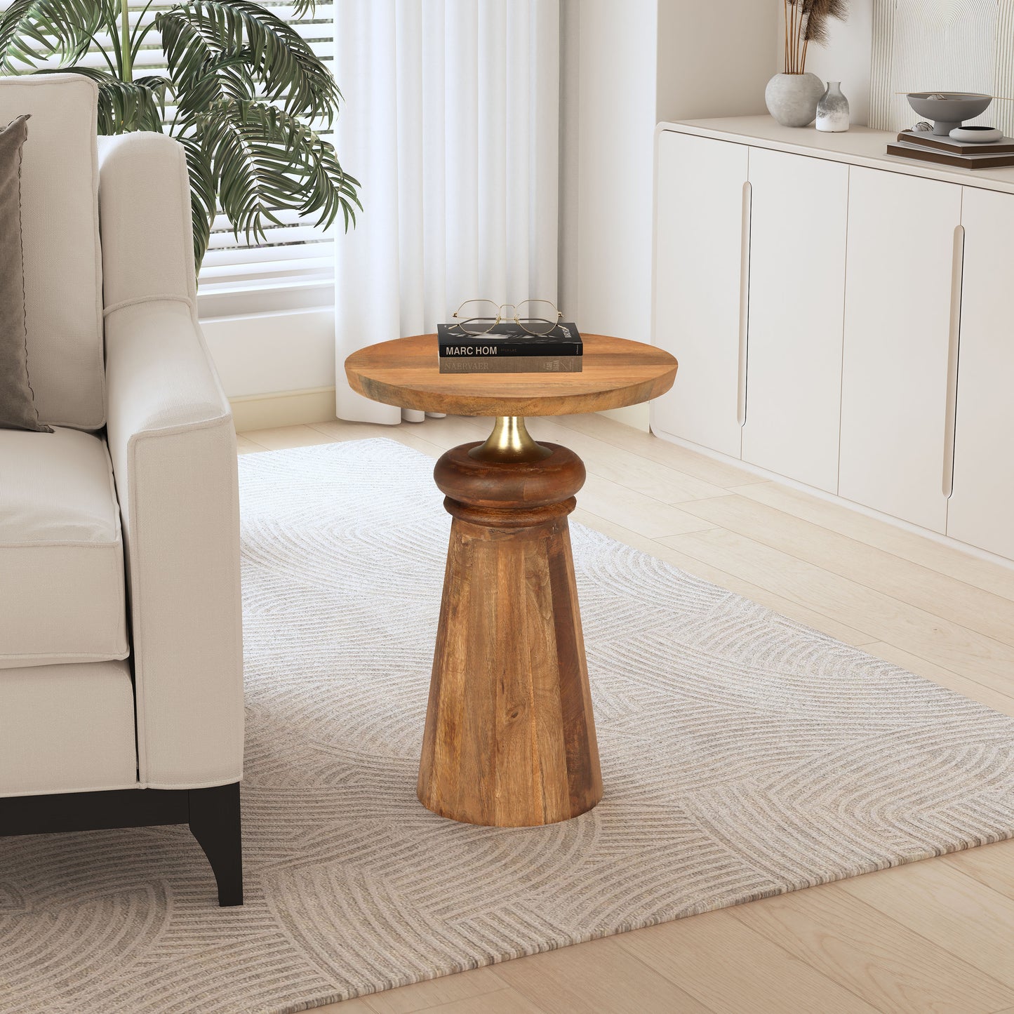 Caelume Round Pedestal Side End Table, Gold + Natural