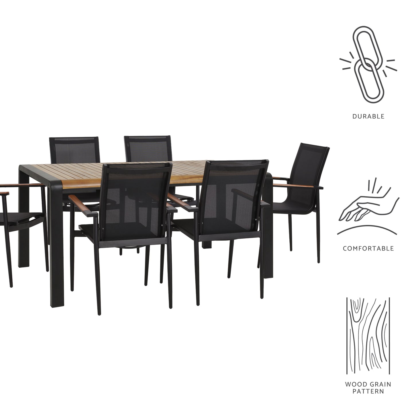 Naop Outdoor Mesh and Acacia Wood 7 Piece Dining Set, Black and Teak