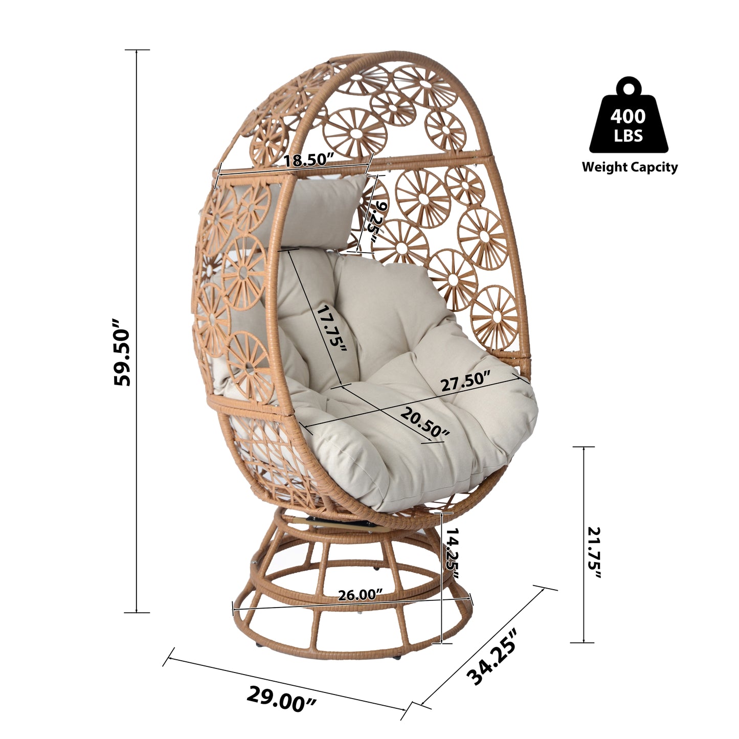 Ondina Outdoor Patio Swivel Egg Basket Chair, Beige + Brown