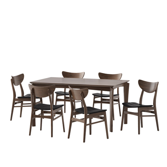Chennault Wood and Faux Leather 7 Piece Dining Set, Walnut, Dark Brown
