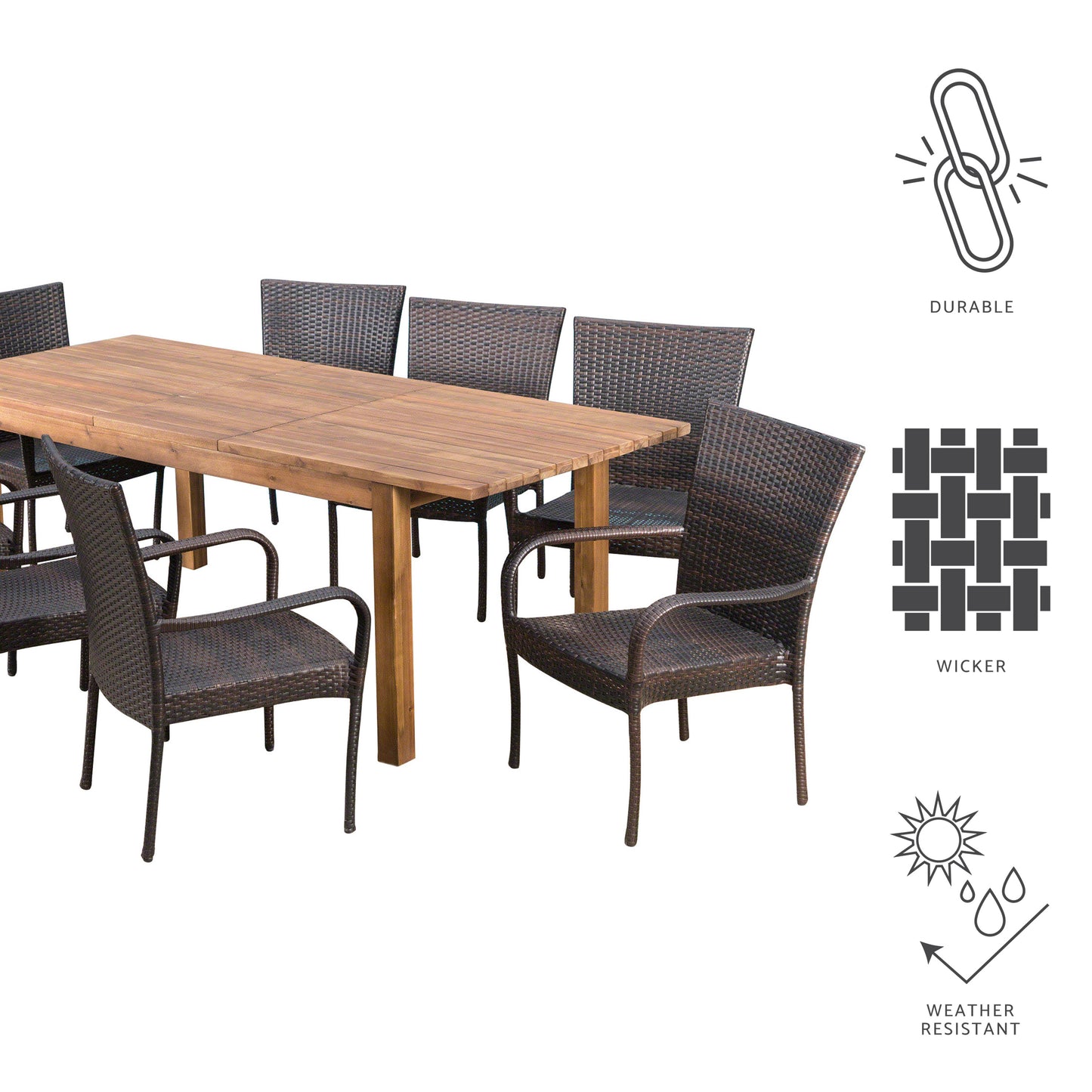 Delilah Outdoor 9 Piece Wicker Dining Set with Wood Expandable Dining Table