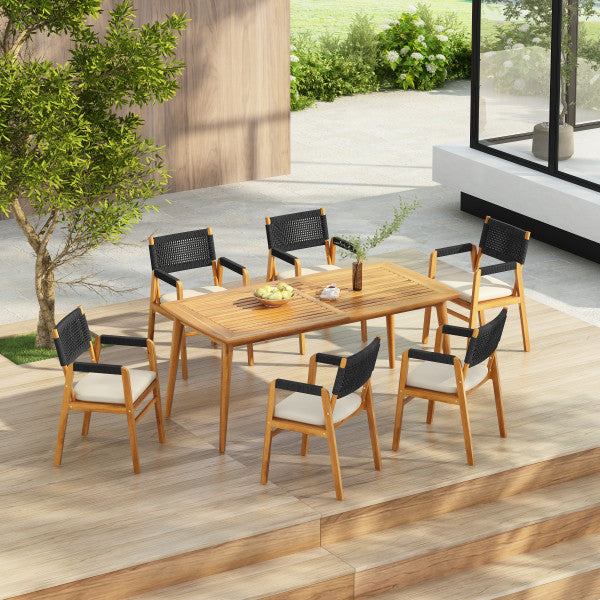 Rowana Outdoor Dining Set 6 Chairs with Table, Wood Finish