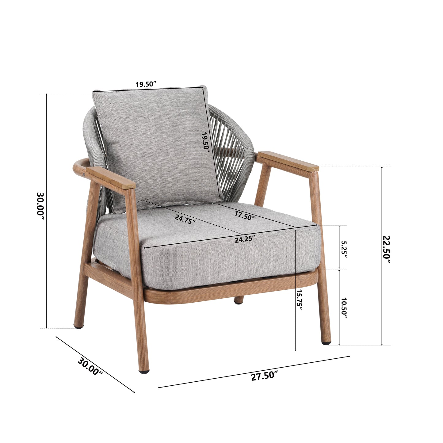 Willowe Taupe + Teak Rope Weave Upholstered Outdoor Patio Club Chair with Pillow