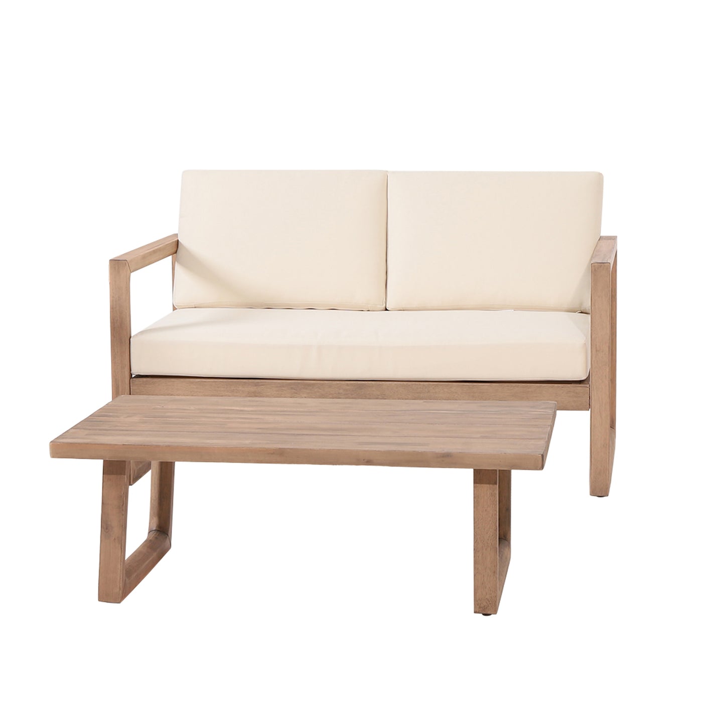 Petteti Outdoor Acacia Wood Loveseat and Coffee Table Set with Cushions, Brown Wash, Beige
