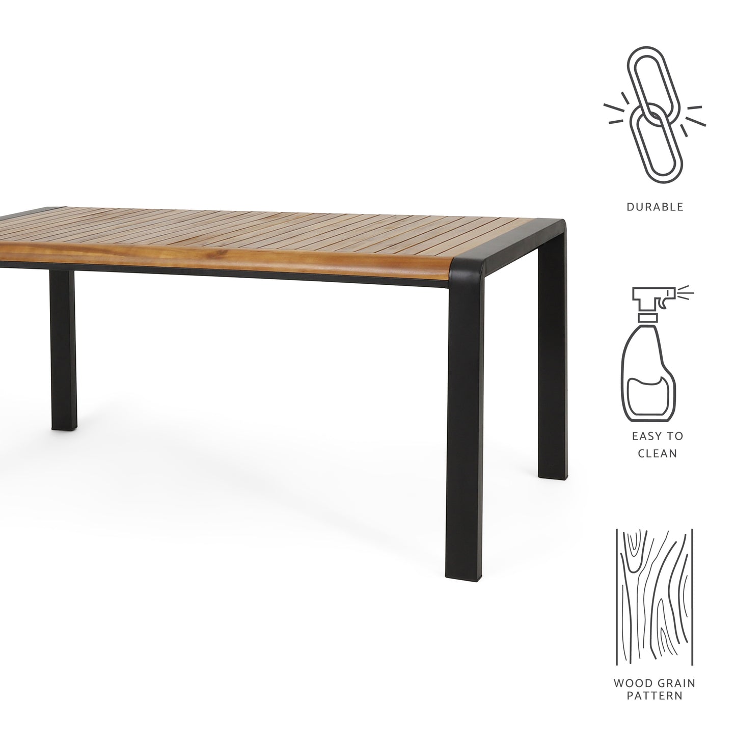 Roseland Outdoor Acacia Wood Dining Table, Teak and Black