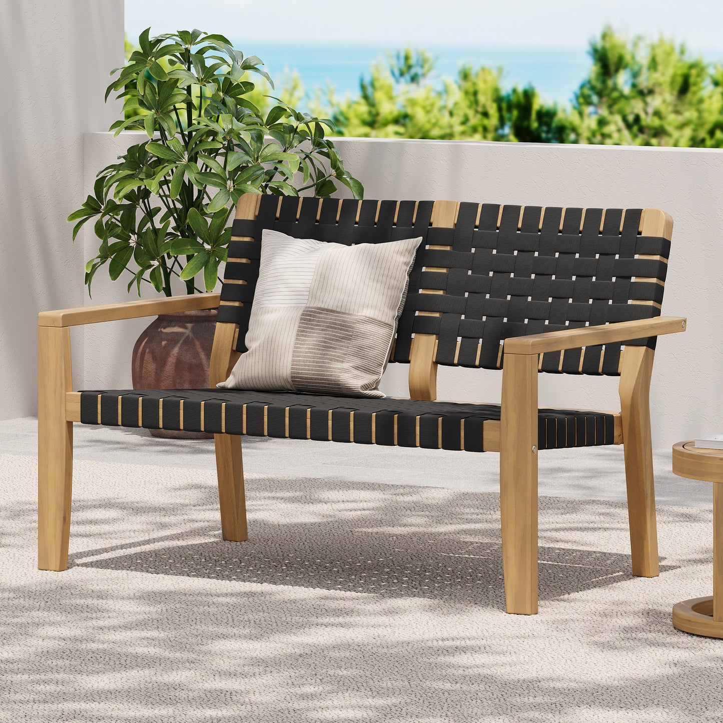 Aspenley Modern Outdoor Patio Double Chaise Loveseat with Wooden Frame and Woven Rope