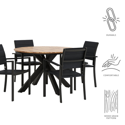 Mellie Outdoor Mesh and Acacia Wood 5 Piece Dining Set, Black and Teak