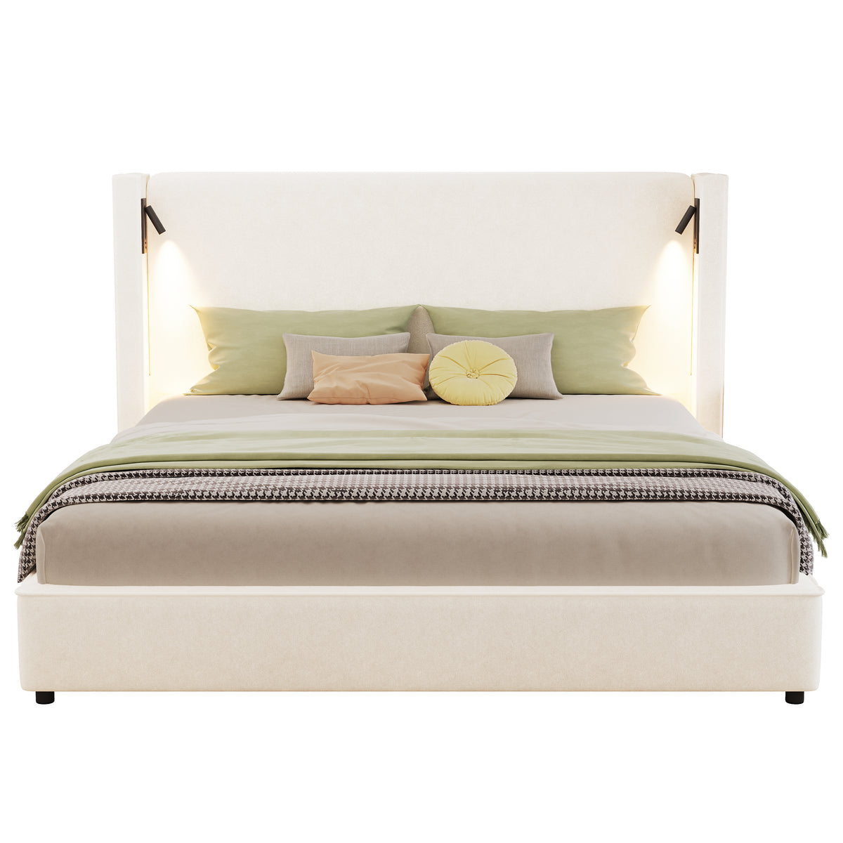 Catharsis 49.20" H King Headboard Bed, Upholstered King Size Bed, Slats Panel Support Platform, No Spring Box Needed, Wingback Headboard with Reading Lamps and USB, Beige Visit the Christopher Knight Home Store