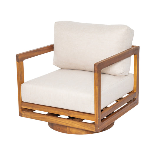 Cosima Natural Teak Swivel Outdoor Lounge Chair – Harmonious Design with Weather-Resistant Finish and Plush Beige Cushions