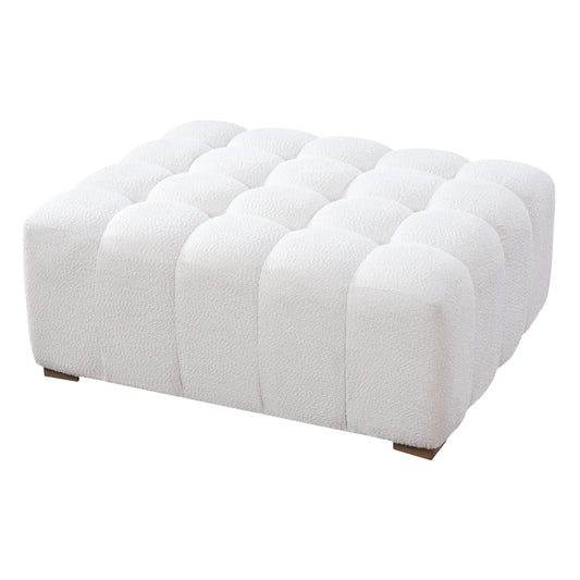 Hester White Bouclé Rectangular Ottoman – Plush Soft Polyester Upholstery with Natural Rubberwood Frame