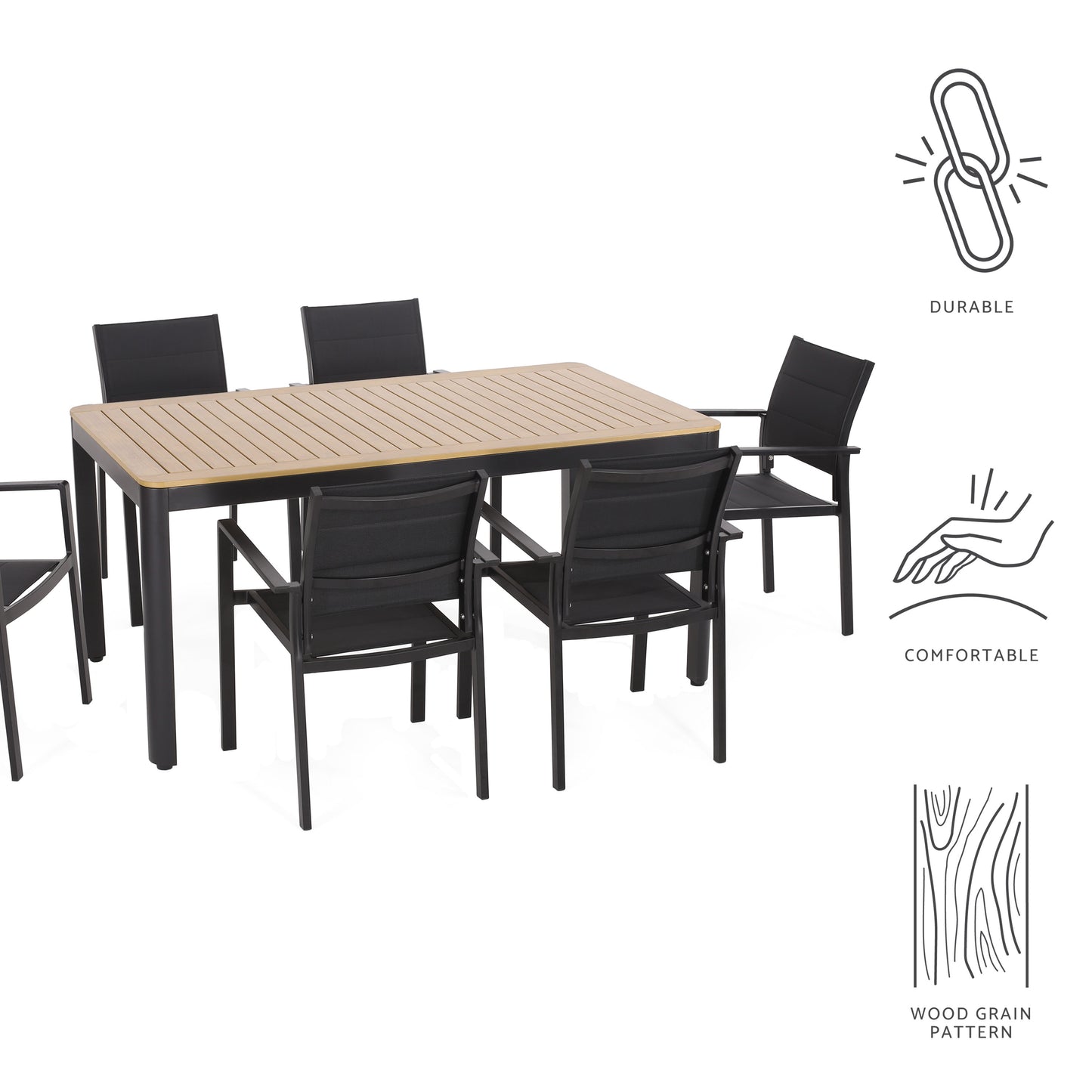 Starla Outdoor Mesh and Aluminum 7 Piece Dining Set, Black and Natural