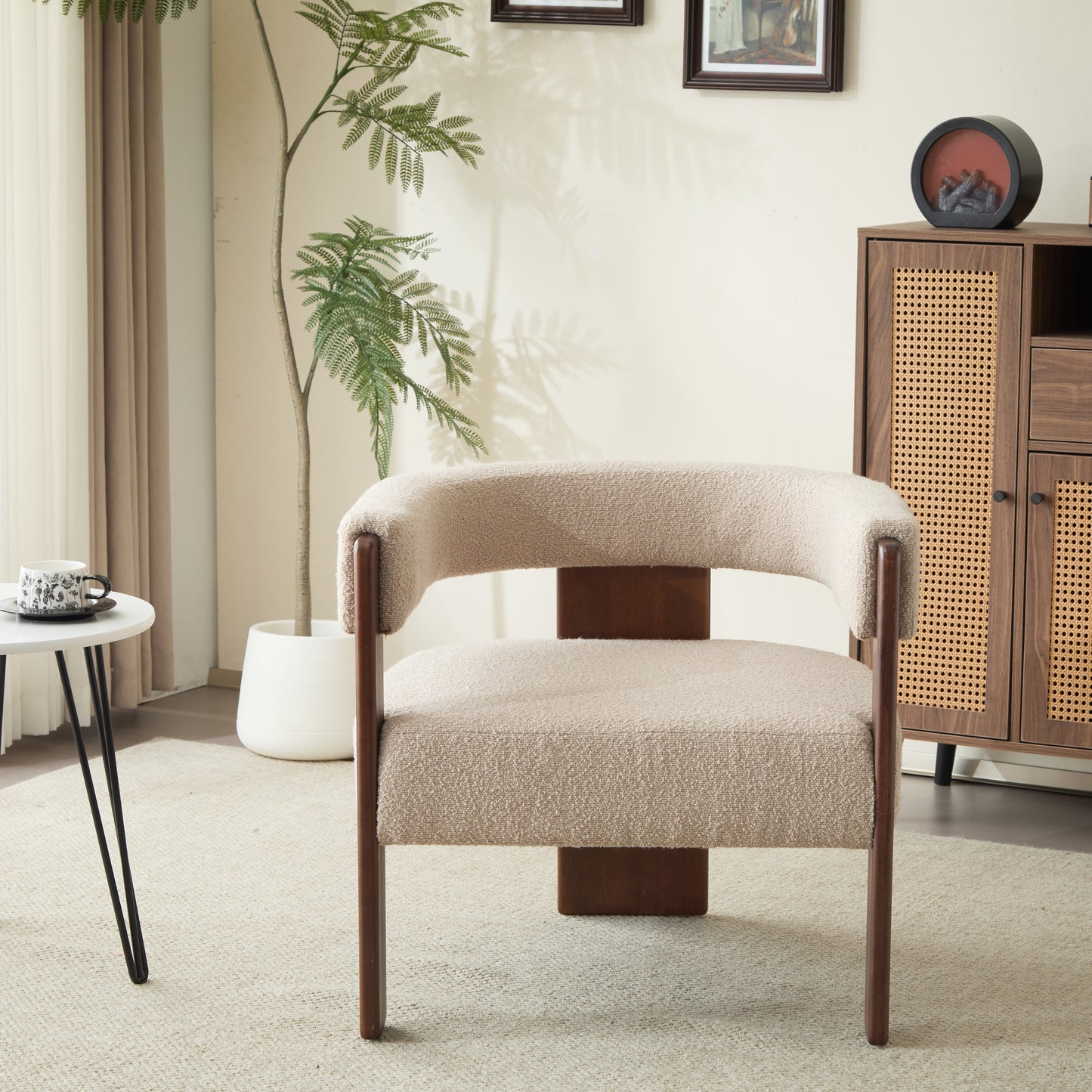 Noah Upholstered Boucle Accent Arm Chair, Rubberwood, Beige+walnut