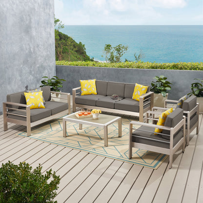 Crested Bay Outdoor Aluminum 7 Seater Chat Set with Cushions, Silver and Khaki