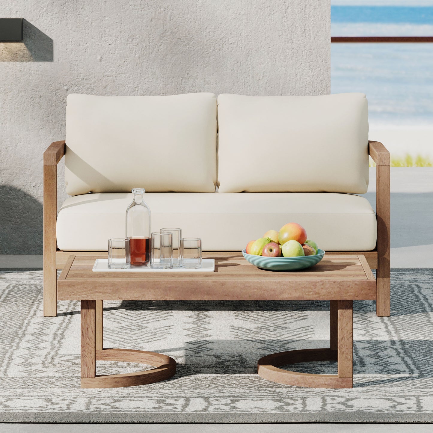 Aston Outdoor Acacia Wood Loveseat and Coffee Table with Cushions, Brown Wash, Beige