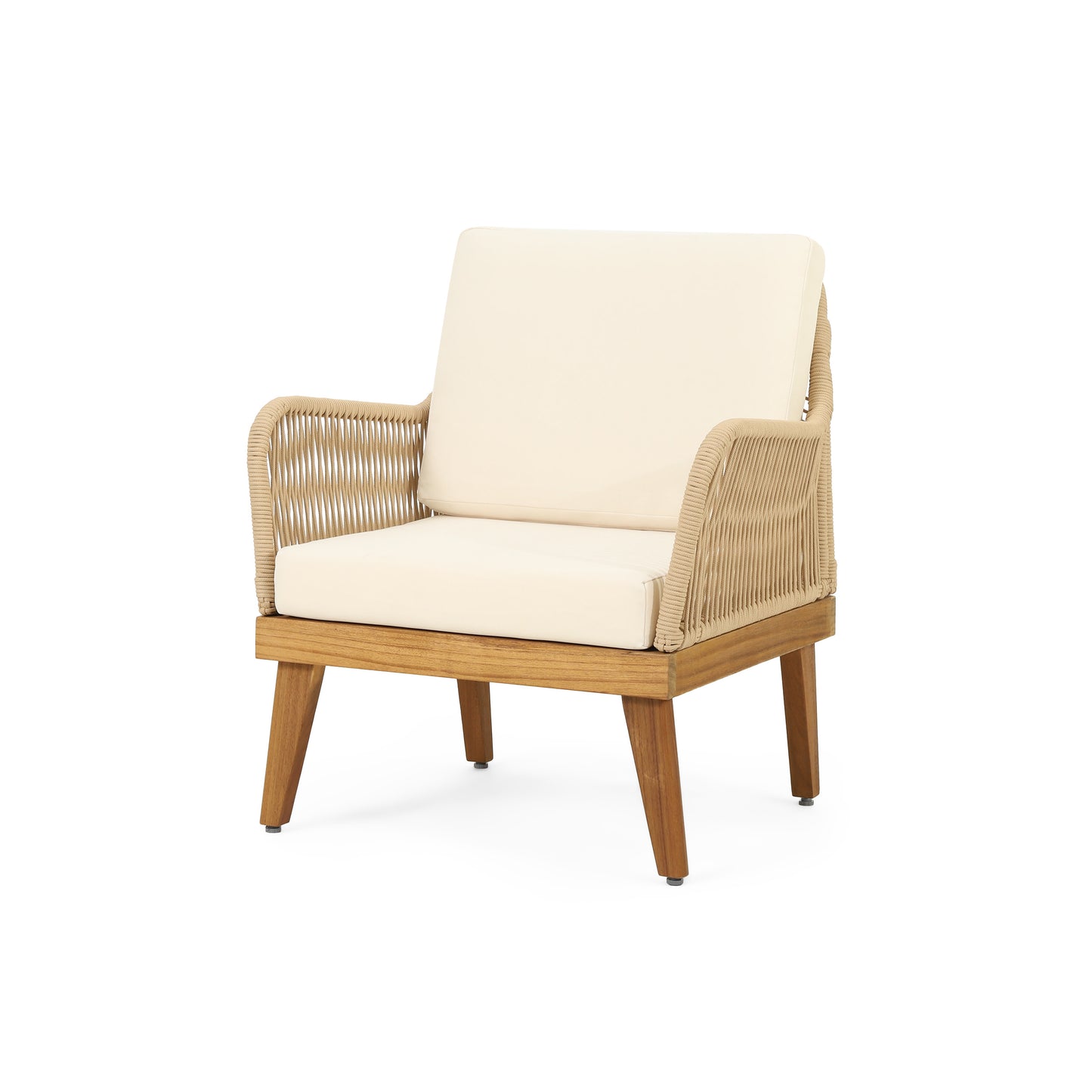 Hueber Outdoor Acacia Wood and Rope Club Chair with Cushions, Teak, Light Brown, and Beige