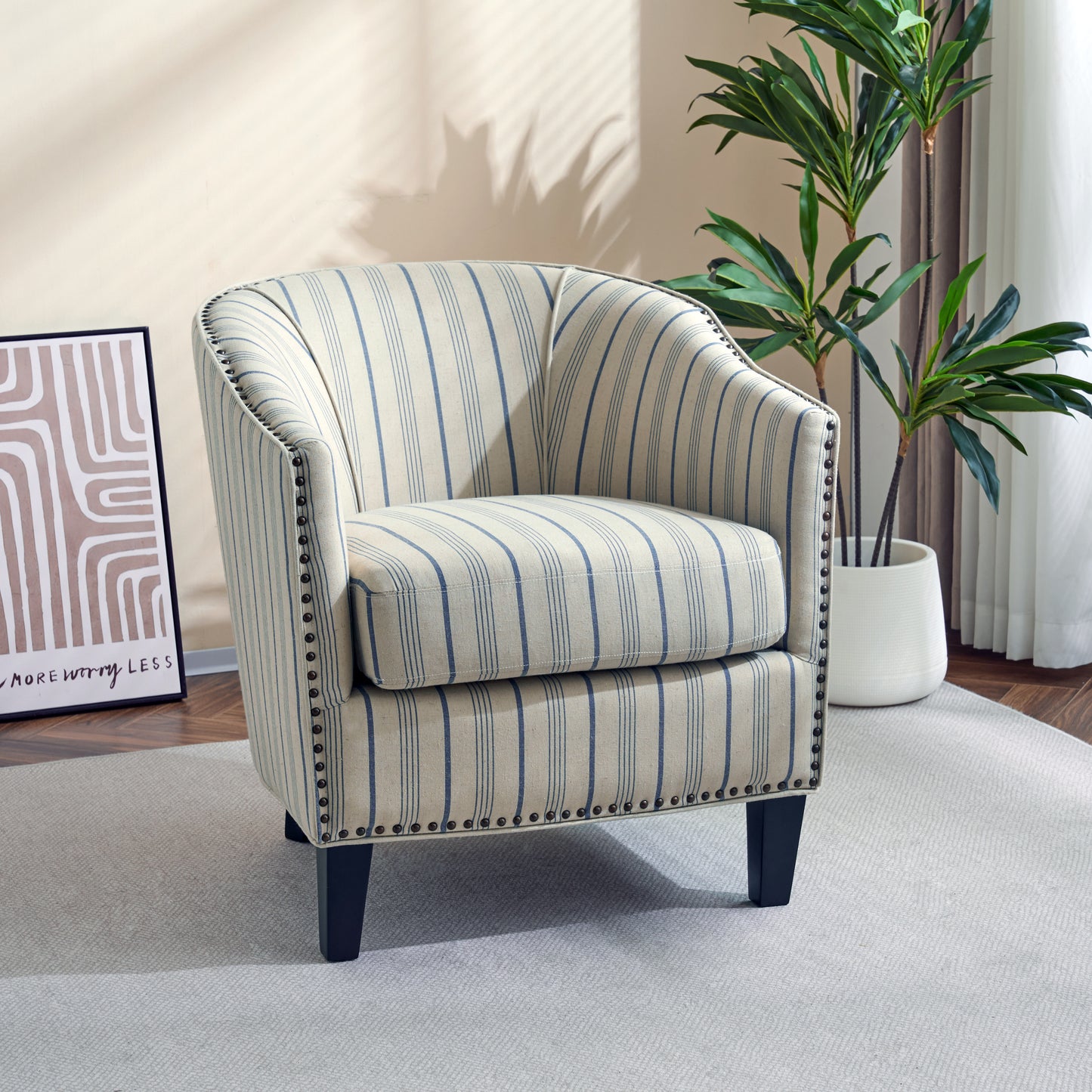 Hawthorne Beige and Blue Stripe Fabric Arm Chair (Set of 1)