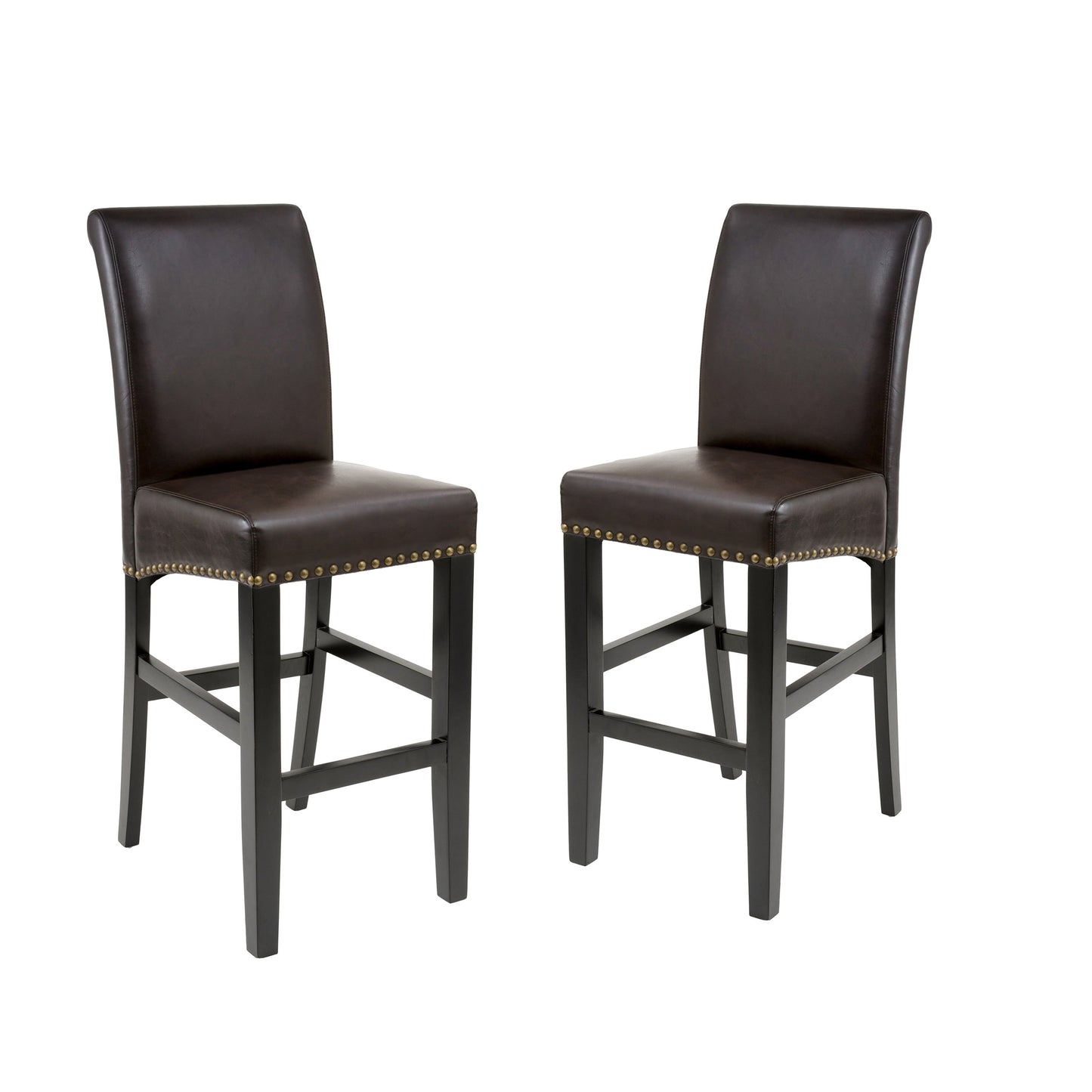 Jazzman Contemporary Bonded Leather Upholstered 30 Inch Barstools with Nailhead Trim, Set of 2, Brown and Matte Black
