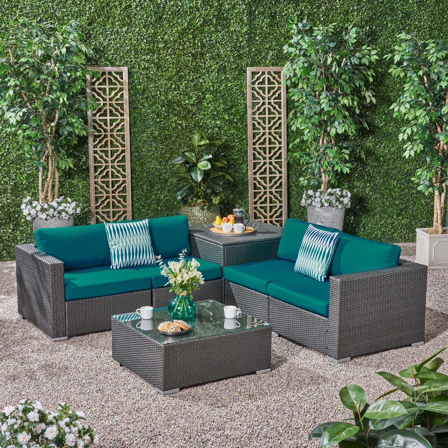 Kyra Outdoor 4 Seater Wicker Sofa Set with Storage Ottoman and Sunbrella Cushions