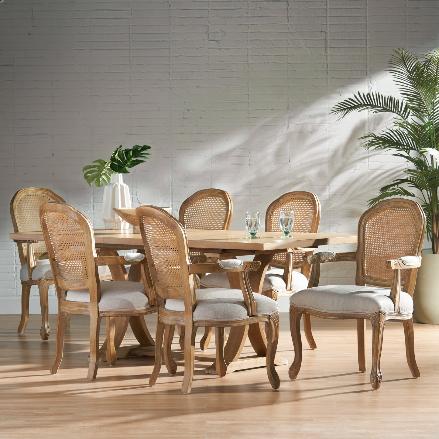 Mariette French Country Fabric Upholstered Wood and Cane 7 Piece Expandable Dining Set
