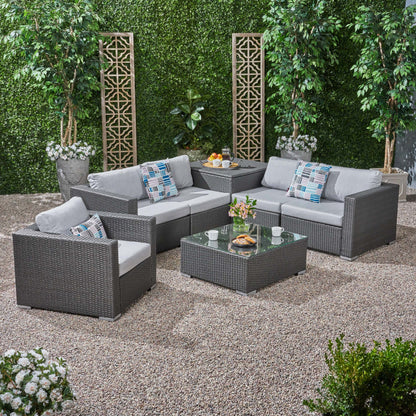 Kyra Outdoor 5 Seater Wicker Sectional Sofa Set with Storage Ottoman and Sunbrella Cushions