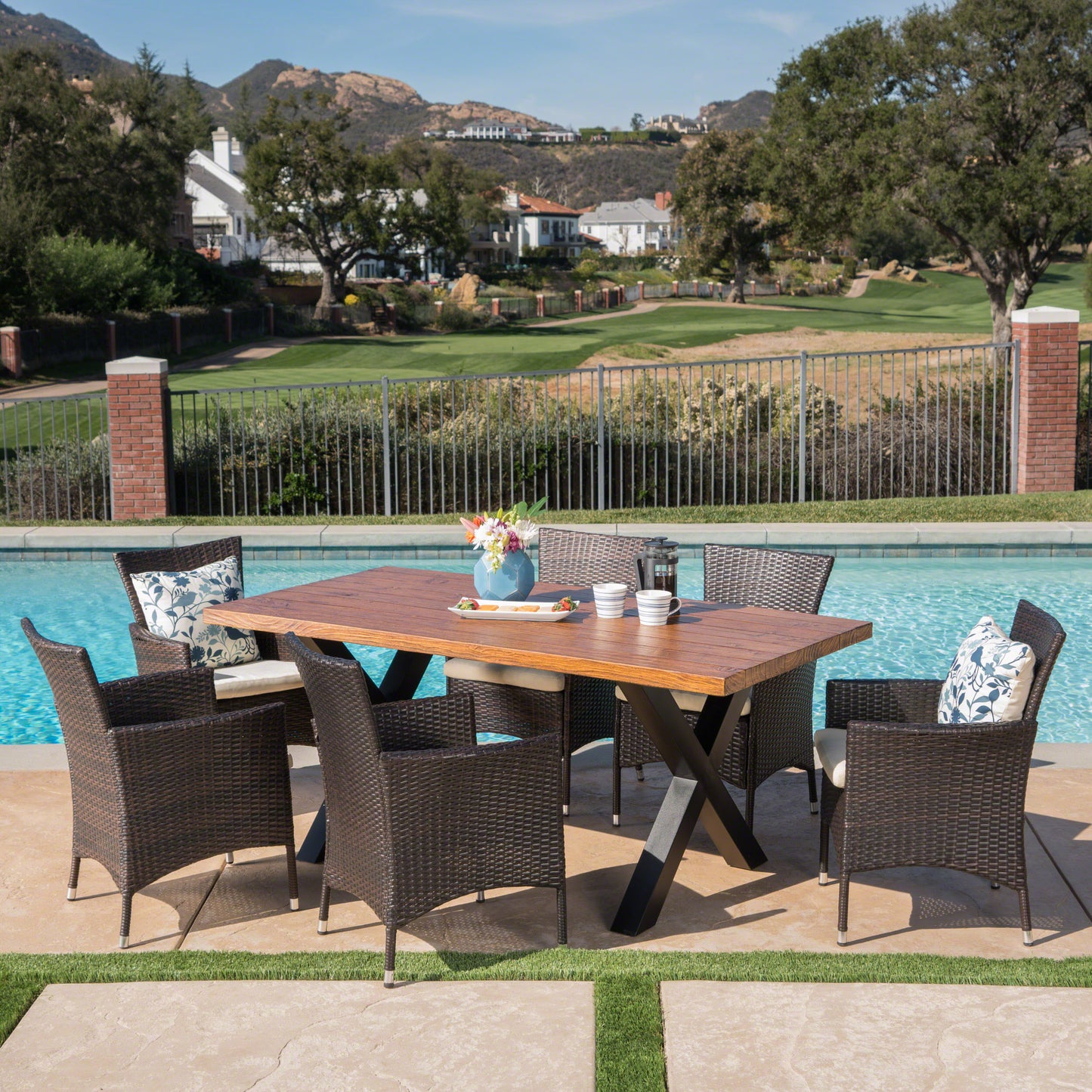 Joyce Outdoor 7 Piece Multi-brown Wicker Dining Set with Concrete Table