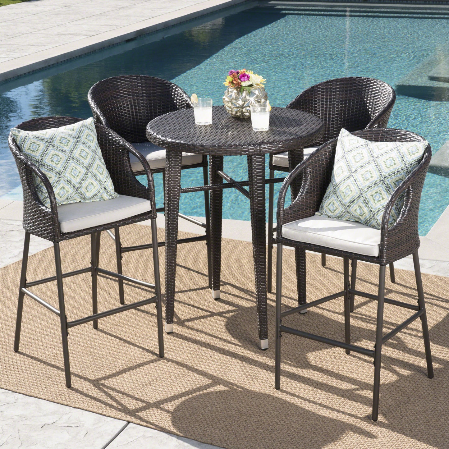 Big Rock Outdoor 5 Piece Wicker Bar Set with Water Resistant Cushions