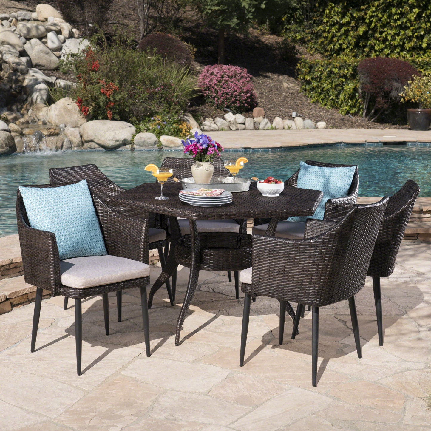 Andre Outdoor 7 Piece Wicker Hexagon Dining Set with Water Resistant Cushions