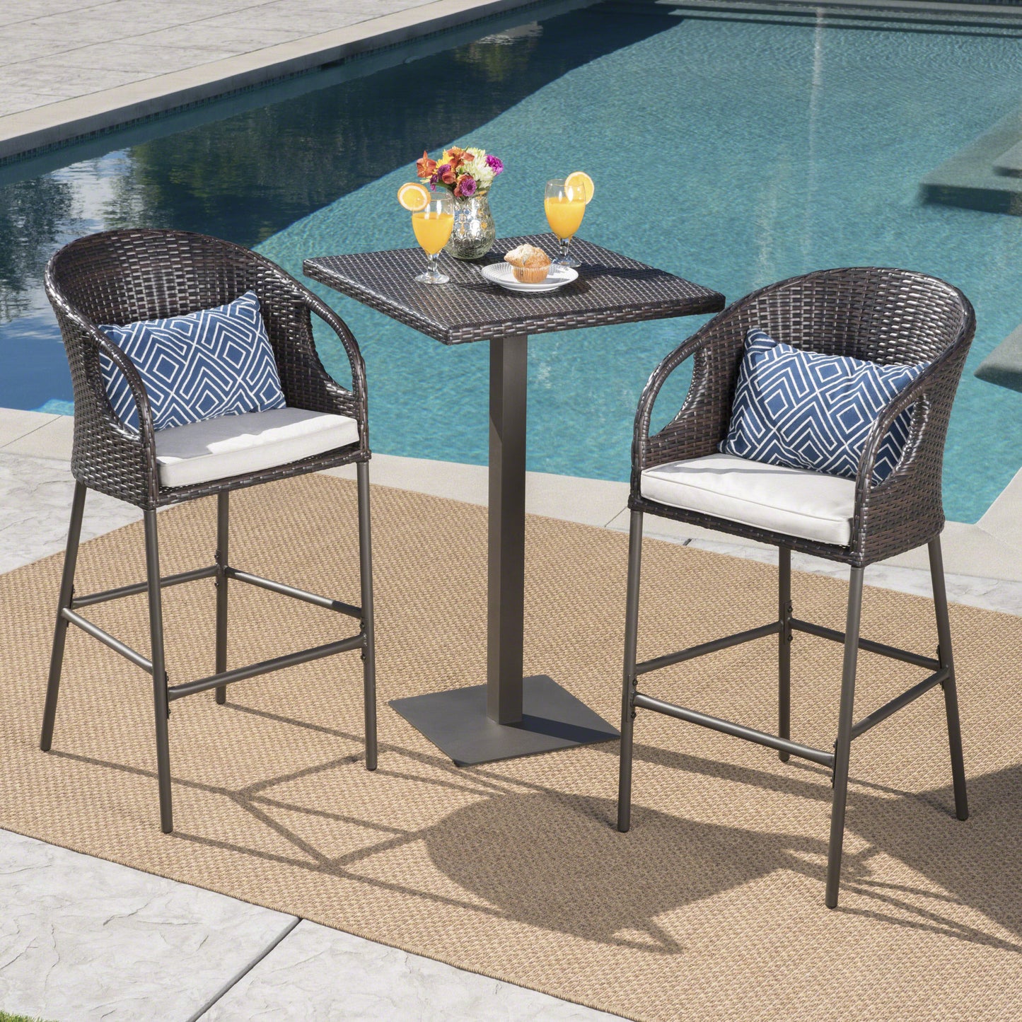 Big Rock Outdoor 3 Piece Wicker Bar Set with Water Resistant Cushions
