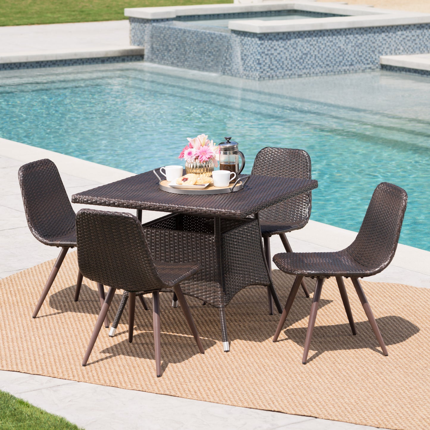 Haley Outdoor 5 Piece Multi-brown Wicker Square Dining Set