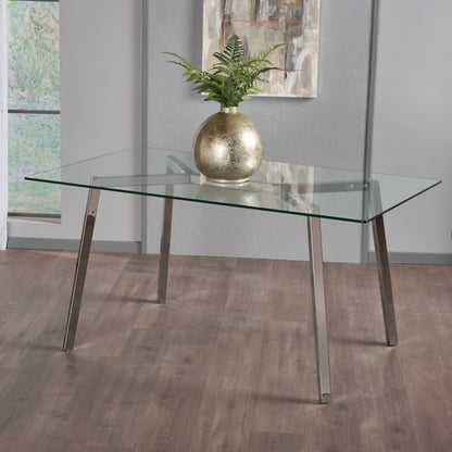 Arbutus Modern Glam Glass Top Dining Table, Clear and Chrome