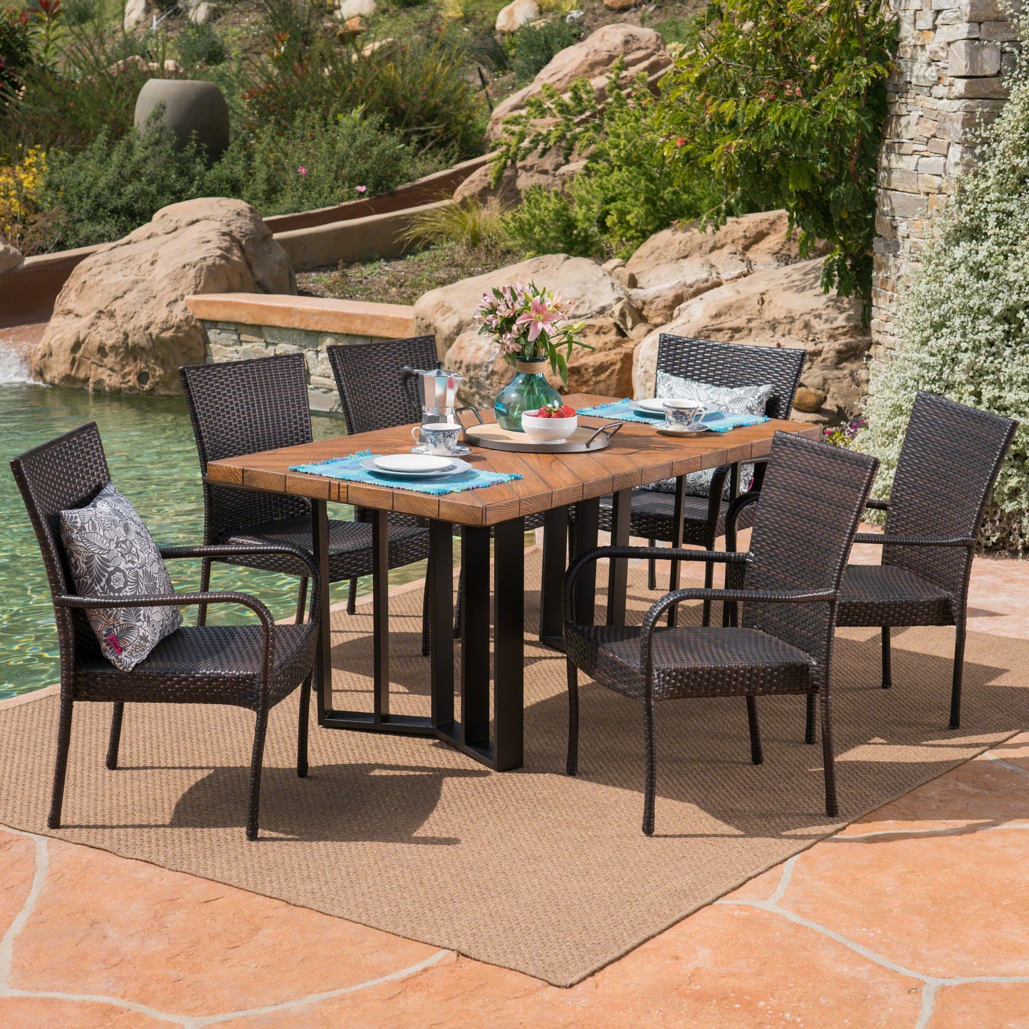 Fiona Outdoor 7 Piece Wicker Dining Set with Concrete Dining Table