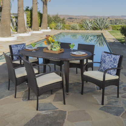 Carpenter Outdoor 7 Piece Multi-brown Wicker Dining Set with Crème Cushions