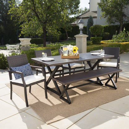 Sherman Outdoor 6 Piece Aluminum Dining Set with Bench and Wicker Dining Chairs