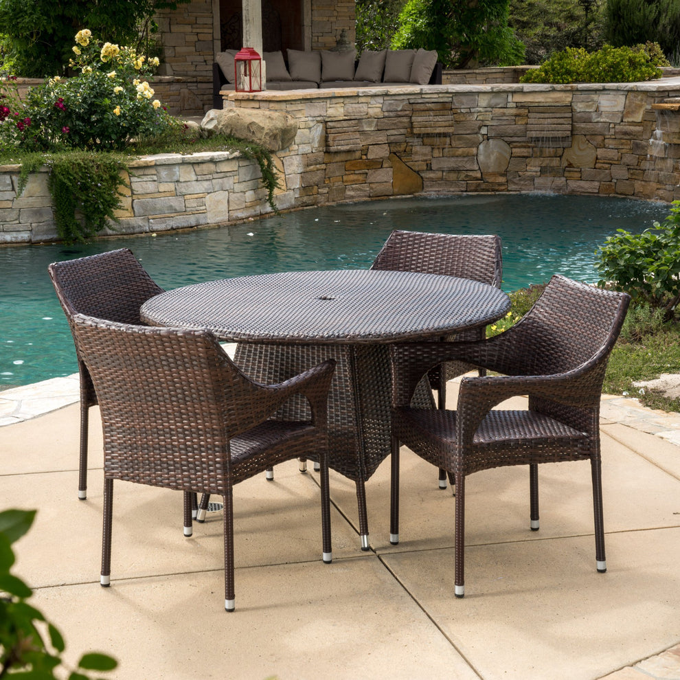 Lorelei Outdoor 5-piece Multi-brown Wicker Round Dining Set With Umbre 