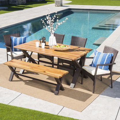 Brent Outdoor 6 Piece Acacia Wood Dining Set with Wicker Dining Chairs