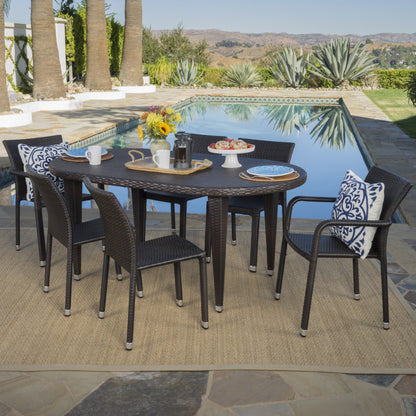 Evanch Outdoor 7 Piece Multi-brown Wicker Oval Dining Set with Stacking Chairs