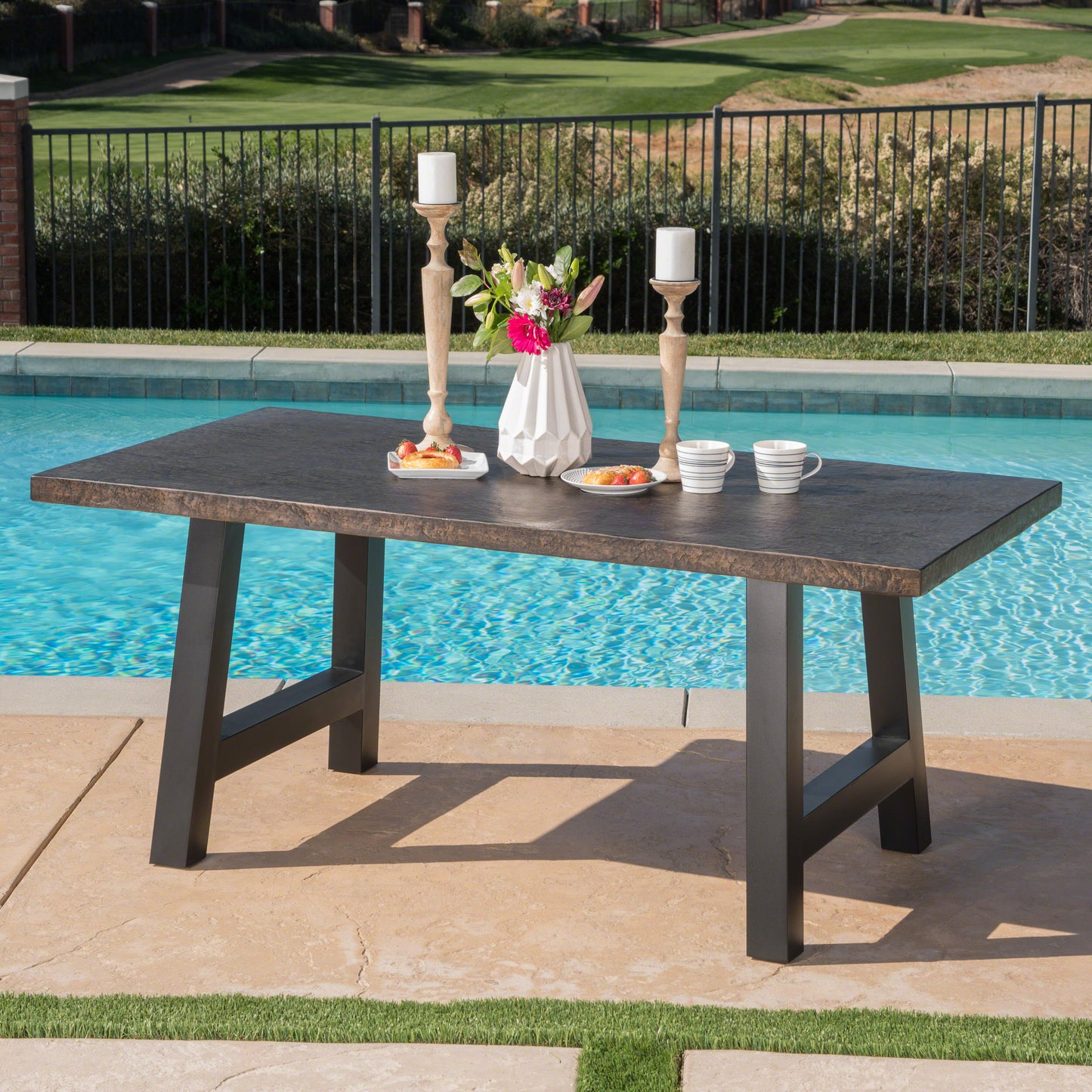 Doris Outdoor Brown Stone Finish Light Weight Concrete Dining Table