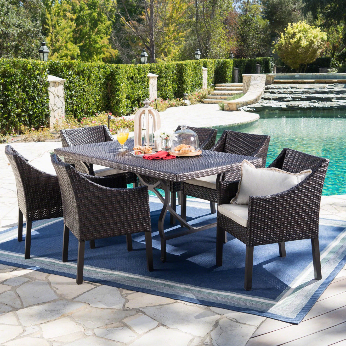 Azore Outdoor 7 Piece Wicker Dining Set with Aluminum Framed Dining Table