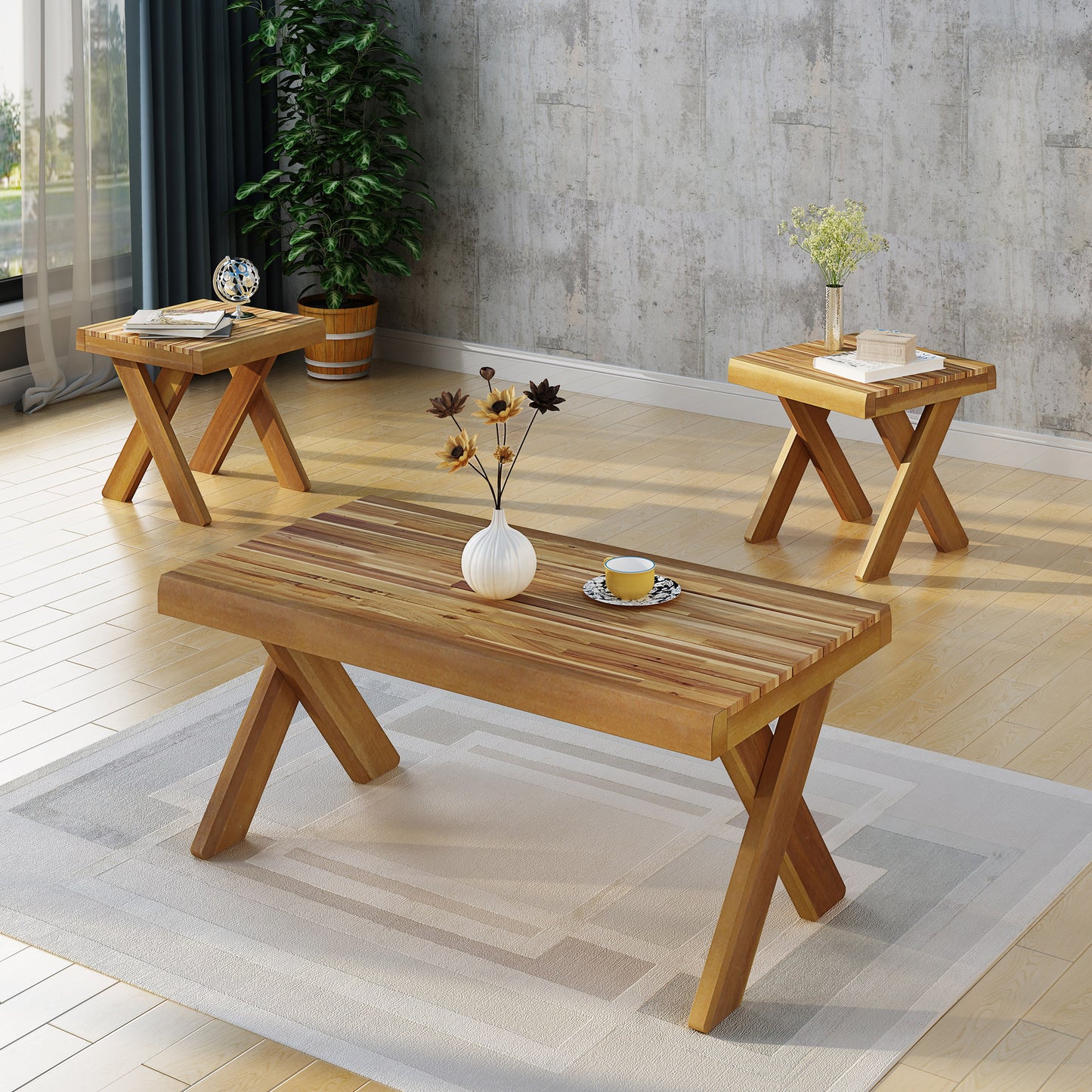 Irene Indoor Farmhouse 3 Piece Acacia Wood Table Set