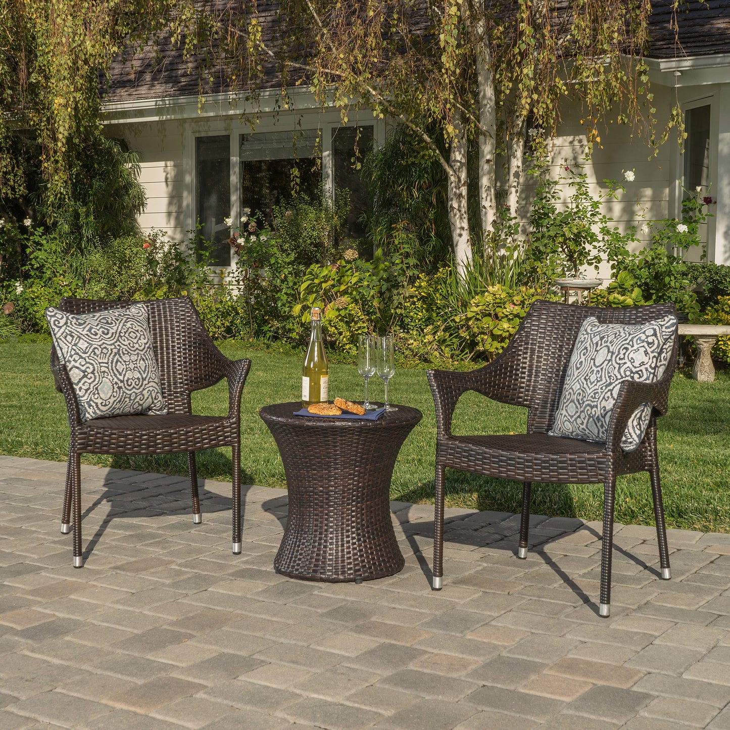 Tahitian Outdoor 3 Piece Multi-Brown Wicker Chat Set with Stacking Chairs