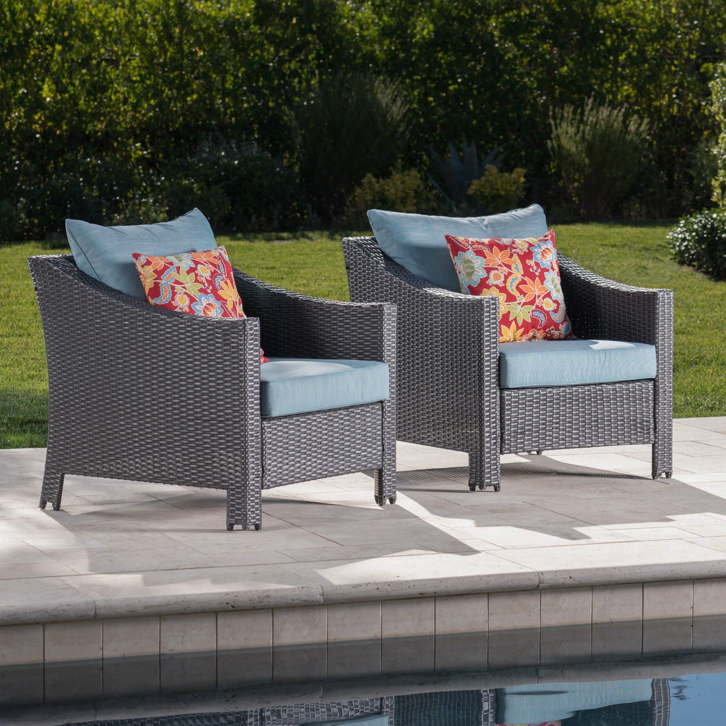 Caspian Outdoor Gray Wicker Club Chairs with Teal Water Resistant Cushions (Set of 2)