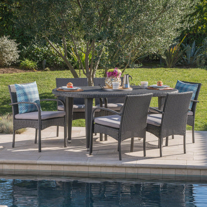 Carpenter Outdoor 7 Piece Gray Wicker Dining Set with Gray Water Resistant Cushions