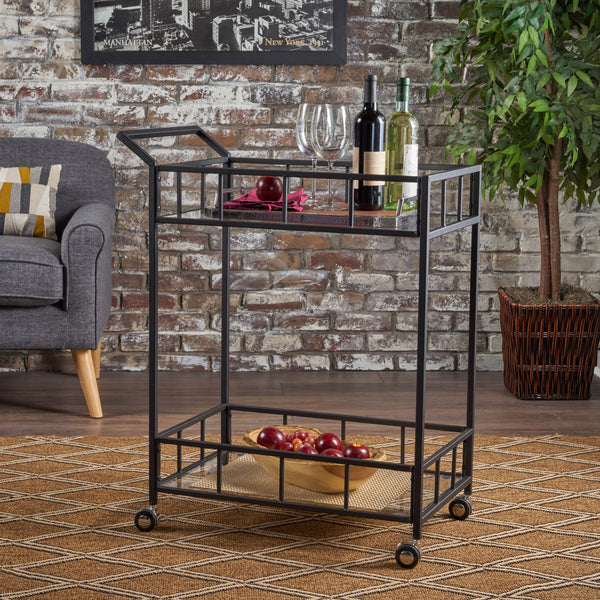 Talon Indoor Industrial Modern Black Iron Bar Cart with Tempered Glass ...